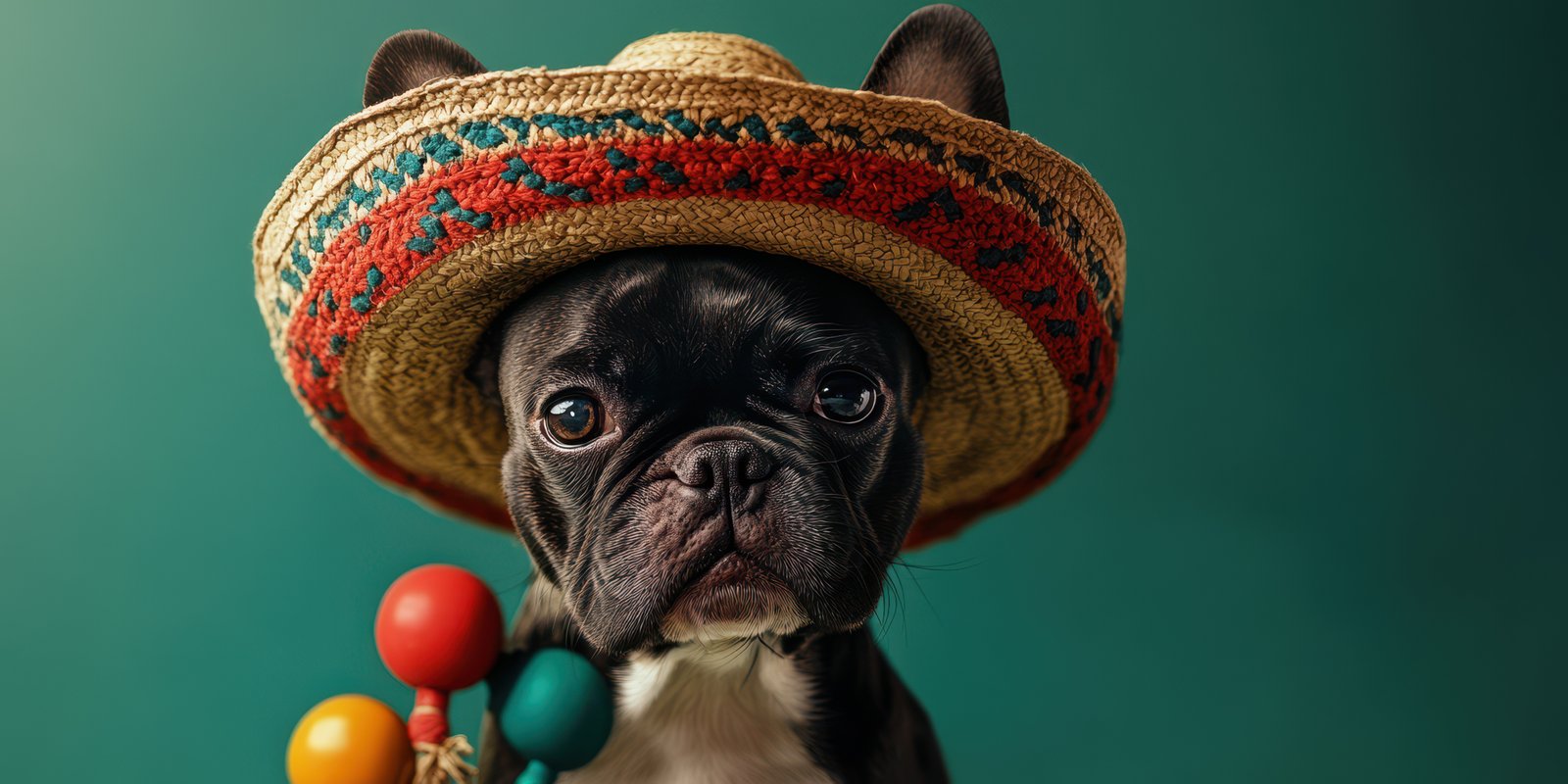 French bulldog wearing a colorful sombrero with maracas in a festive setting